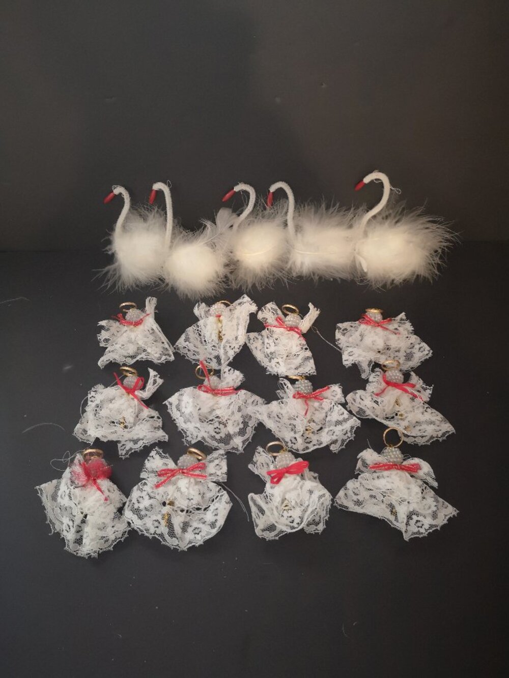 17 Lot of Homemade Christmas Tree Ornaments Swans & Angels Beads/ Lace/feathers